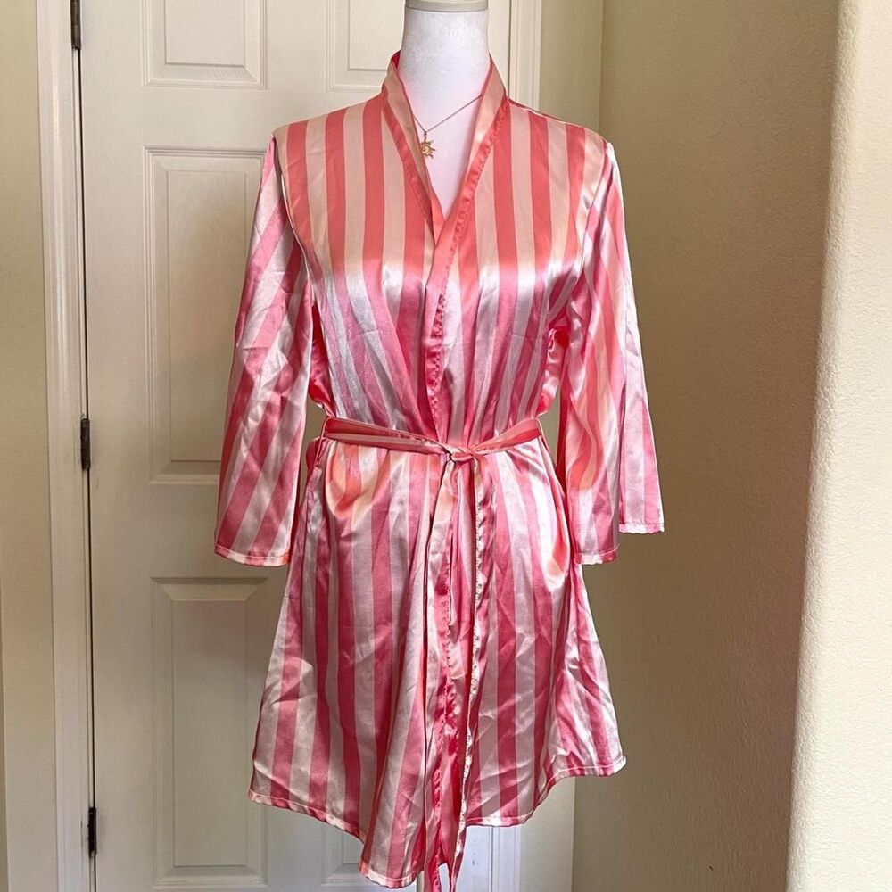 Pink and white striped satin robe with tie waist - size Small